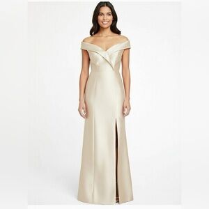 Alfred Sung Off-The-Shoulder Satin Champagne Maxi dress Gown Bridesmaid size 12